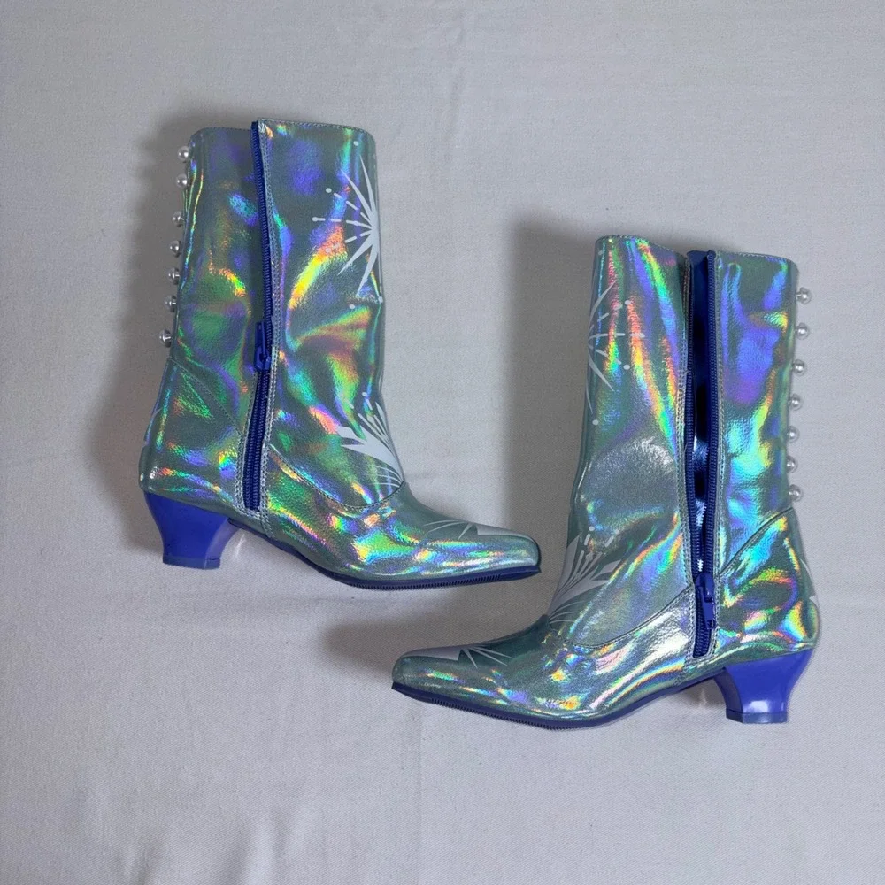 Disney Frozen kids Elsa Boots Size 2/3 Blue Holographic Iridescent Faux Pearl